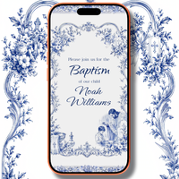 Blue Chinoiserie Boy Baptism Video Invitation, Elegant Toile de Jouy Christening Electronic Invite, Digital Smartphone Baptismal Announcement Template