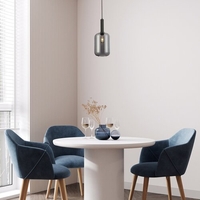 Модерен висящ полилей 1xE27, мат-черен метал и прозиращо кафяво стъкло, с текстилен кабел