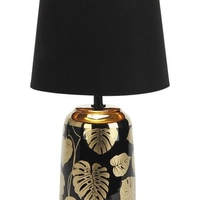 Елегантна настолна лампа в черно и златно – керамика и плат, E14 фасунга