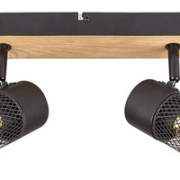 Индустриален спот 2xE14 – метал и дърво в цвят дъб с черни абажури