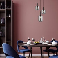 Модерен висящ полилей 3xE27, мат-черен метал и кафяво стъкло,текстилен кабел, европейски стандар