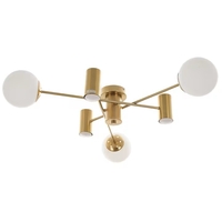 Изискан модерен полилей в цвят матирано злато, изработен от метал и стъкло. Идеален избор за всекидневна, трапезария или спалня. Комбинира елегантен дизайн и функционалност, като поддържа LED крушки с фасунги E27 и GU10. Осигурява равномерно и ефективно о