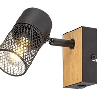 Индустриален стенен спот 1xE14 – метал и дърво в цвят дъб с черен абажур