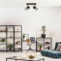 Индустриален спот 2xE14 – метал и дърво в цвят дъб с черни абажури