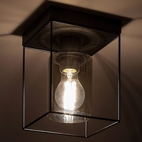 Модерен таванен плафон 1xE27 – черен метал и прозиращо кафяво стъкло