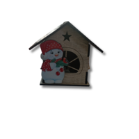 Дървена Коледна Къщичка-Свещник със Снежен Човек – Рустик Стил с LED Ефект