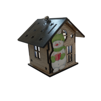 Дървена Коледна Къщичка-Свещник със Снежен Човек – Рустик Стил с LED Ефект