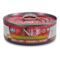 N&D Quinoa Skin & Coat - Venison & Coconut – мокра храна без зърнени култури при хранителни чувствителности, за котки в зряла възраст, с еленско, киноа и кокос, консерва