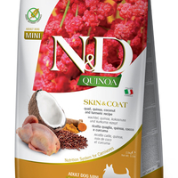 N&D Quinoa Skin & Coat with Quail for adult MINI dog – суха храна без зърнени култури за здрава кожа и козина, за кучета над 1 година от дребни породи, с пъдпъдък, киноа, кокос, и куркума