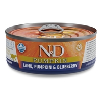 N&D Cat Pumpkin Lamb & Blueberry – пълноценна мокра храна без зърнени култури за котки над 1 година с агнешко, тиква и боровинки, консерва