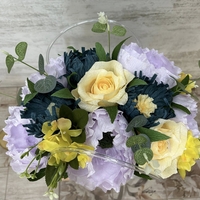 Лилави,сини  и жълти цветя в резидава чантичка