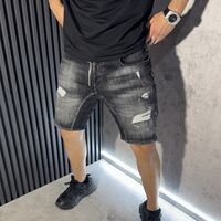 Къси Дънки в Графитен Цвят с Декоративен Цип, Кръпки и Пръски 2414