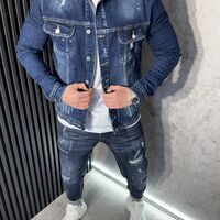 Мъжко Дънково Яке Slim Fit с Леки Разкъсвания