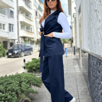 Деним сет с широк панталон и елек