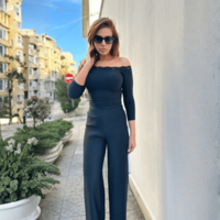 Релефен панталон с широк крачол - ЧЕРЕН