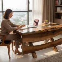 Премиум офис маса от орех и епоксидна смола – 160×80 см