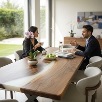 Епоксидна трапезна маса от масивен орех – млечно бял речен ефект