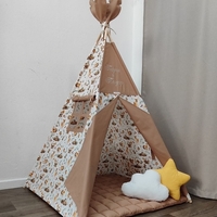 Детска палатка с дебело килимче на квадратчета в кафяво - 