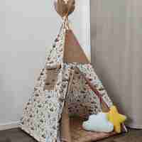 Детска палатка с дебело килимче на квадратчета в кафяво - 