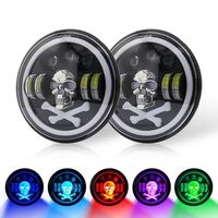 Комплект от 2бр. универсален 7 инча 18см ЛЕД LED фар халоген 12V-24V къси/дълги с DRL дневни светлини мигач бяло-жълто и череп с RGB подсветка с 6 различни цвята за АТВ джип мотоциклет камион трактор и др.