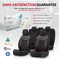 Комплект Луксозна Тапицерия OTOM текстил с еко кожа COMFORT LINE Design – Черна с червен шев, за Предни и Задни Седалки