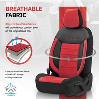 Комплект Луксозна Тапицерия OTOM текстил с еко кожа COMFORT LINE Design – Червено-Черна с червен шев, за Предни и Задни Седалки