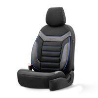 Комплект Луксозна Тапицерия OTOM текстил с еко кожа INDIVIDUAL Design – Черна със син шев, за Предни и Задни Седалки