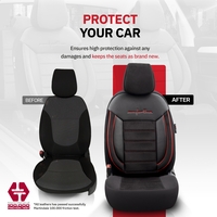 Комплект Луксозна Тапицерия OTOM текстил с еко кожа COMFORT LINE Design – Черна с червен шев, за Предни и Задни Седалки