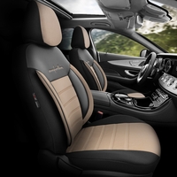 Комплект Луксозна Тапицерия OTOM текстил с еко кожа COMFORT LINE Design – Бежово-Черна с бежов шев, за Предни и Задни Седалки