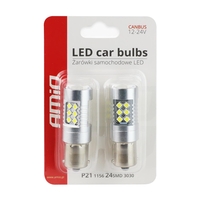 Комплект от 2 броя LED Диодни Крушки за Mигач Стоп Габарит Халоген CANBUS 3030 24SMD 1156 BA15S P21W 12V-24V Бяла Светлина в Блистер Amio