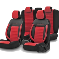 Комплект Луксозна Тапицерия OTOM текстил с еко кожа COMFORT LINE Design – Червено-Черна с червен шев, за Предни и Задни Седалки