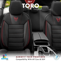 Комплект Луксозна Тапицерия OTOM текстил с еко кожа TORO Design – Черна с червен шев, за Предни и Задни Седалки
