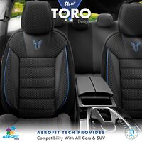 Комплект Луксозна Тапицерия OTOM текстил с еко кожа TORO Design – Черна със син шев, за Предни и Задни Седалки