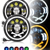 Комплект от 2бр. универсален 7 инча 18см ЛЕД LED фар халоген 12V-24V къси/дълги с DRL дневни светлини мигач бяло-жълто и череп с RGB подсветка с 6 различни цвята за АТВ джип мотоциклет камион трактор и др.
