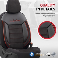 Комплект Луксозна Тапицерия OTOM текстил с еко кожа COMFORT LINE Design – Черна с червен шев, за Предни и Задни Седалки