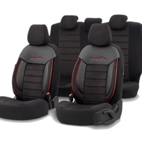 Комплект Луксозна Тапицерия OTOM текстил с еко кожа COMFORT LINE Design – Черна с червен шев, за Предни и Задни Седалки