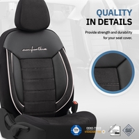 Комплект Луксозна Тапицерия OTOM текстил с еко кожа COMFORT LINE Design – Черна с бял шев, за Предни и Задни Седалки