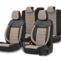 Комплект Луксозна Тапицерия OTOM текстил с еко кожа COMFORT LINE Design – Бежово-Черна с бежов шев, за Предни и Задни Седалки