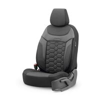 Комплект Луксозна Тапицерия OTOM текстил с еко кожа CARBON Design – Черна със сив шев, за Предни и Задни Седалки