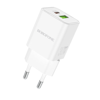 Зарядно адаптер Borofone, BN14 Royal, USB+Type C, QC3.0 PD30W, Бързо зареждане, Бяло