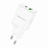 Зарядно адаптер Borofone, BN7 USB+Type C, QC3.0 PD20W, Бързо зареждане, Бяло