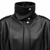 Black Faux Leather Jacket with High Collar/2838/