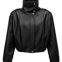 Black Faux Leather Jacket with High Collar/2838/