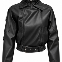 Women’s Faux Leather Belted Jacket with High Collar/2061/