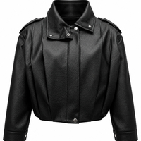 Black Faux Leather Jacket with High Collar/2838/