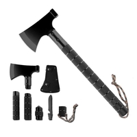 Topor Multifunctional Metalic cu 8 Piese Neo™ Campy® Negru usor de asamblat prin infiletare, maner lung, cutit, busola, tais topor, ciocan