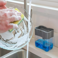 Dispenser 2 in 1, Suport pentru Burete si Dozator Detergent de Vase, 380 ml, 14x11x9 cm, Gri/Transparent, Neo™