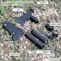 Topor Multifunctional Metalic cu 8 Piese Neo™ Campy® Negru usor de asamblat prin infiletare, maner lung, cutit, busola, tais topor, ciocan