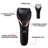 Pila electrica cu afisaj digital pentru picioare, cu lanterna, cu kit profesional 22 in 1, reincarcabila USB, rezistent la apa, aparat electric pentru indepartarea calusuri cu 3 capete role 2 viteze