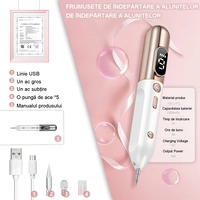 Aparat Plasma Pen, Neo™ cu 5 ace de schimb incluse, 9 viteze, pentru indepartare negi, pete, tatuaje, alunite, cicatrici, pistrui, Lifting pleoape, PlasmaPen®, Ecran LCD, Auriu/Alb